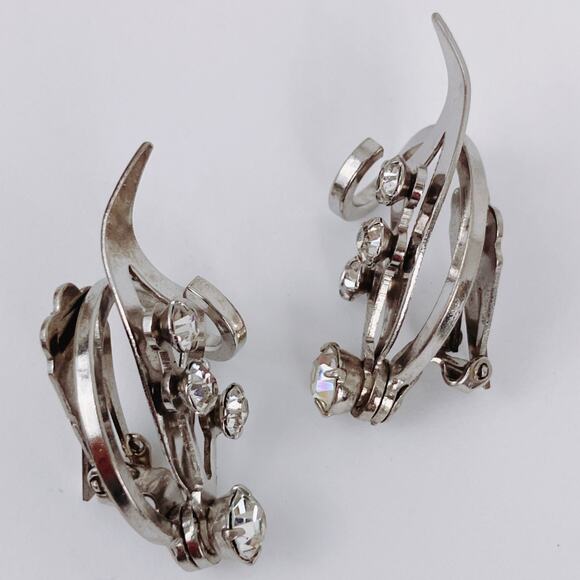 VTG 1950s Mid Century Silver Tone Rhinestone Clip On Earrings - Picture 6 of 12